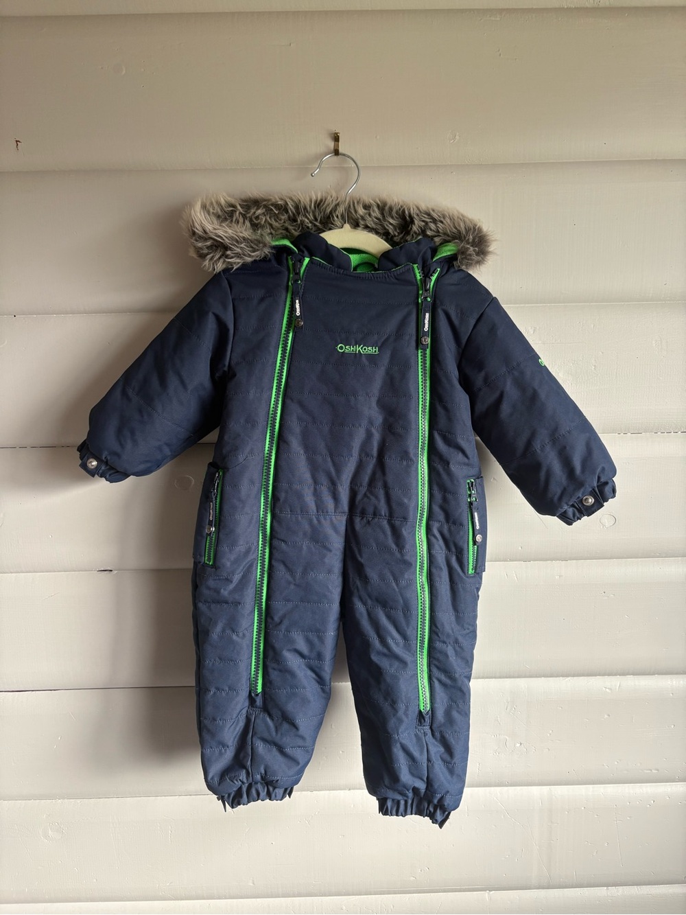 OshKosh 12M Bear Ear Hooded Navy Green Fleece-Lined Winter Snowsuit Fur Hood
